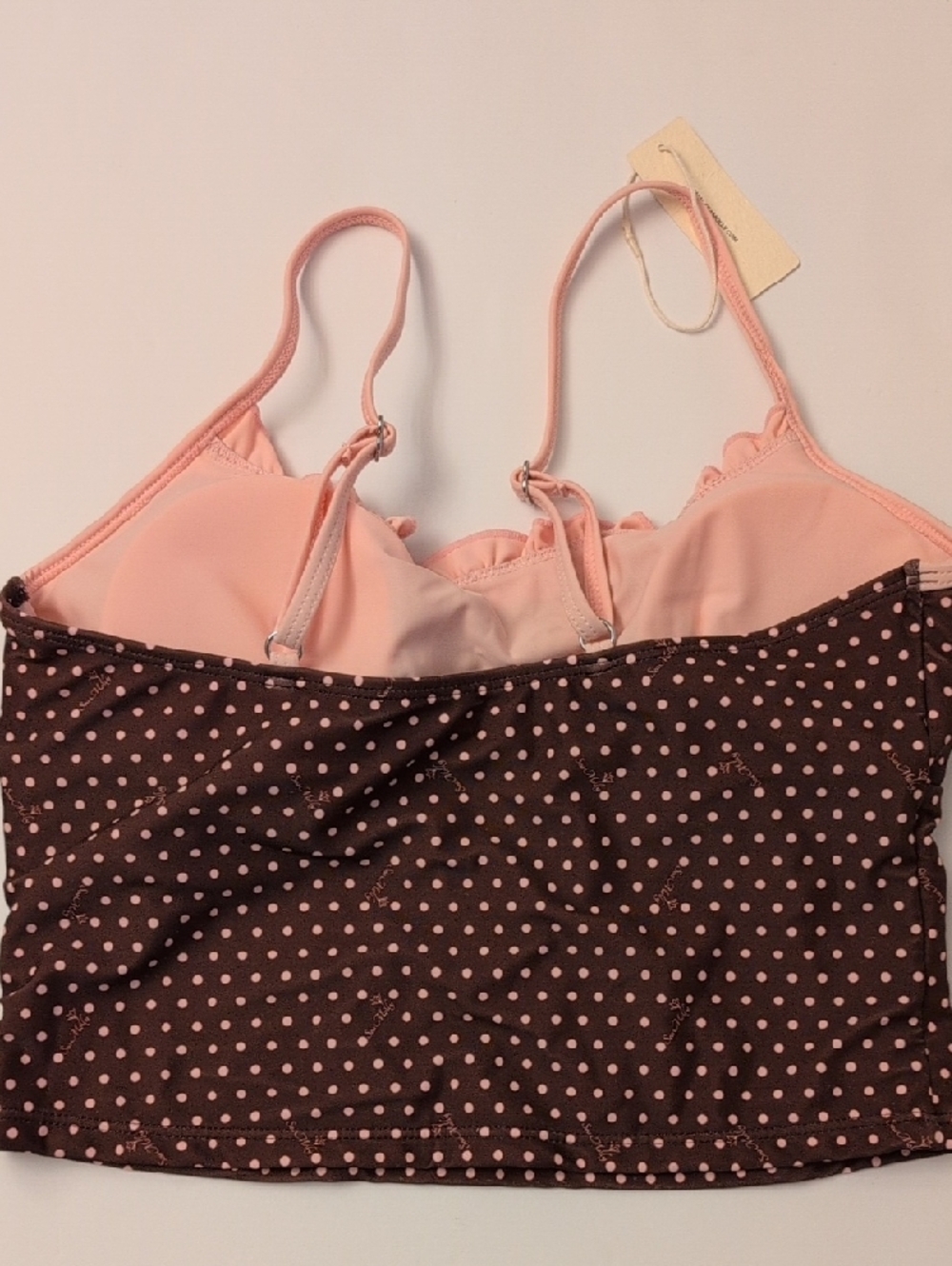 NWT Seamolly Polka Dot Ruched Ruffles Bowknot Skimpy Tankini Set Brown Pink - L - Picture 5 of 11